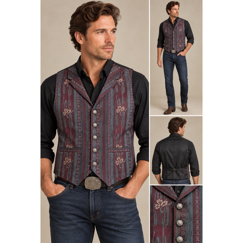 Wah Maker Arizona True West Mens Floral Stripe Jacquard Western Vest Burgundy L